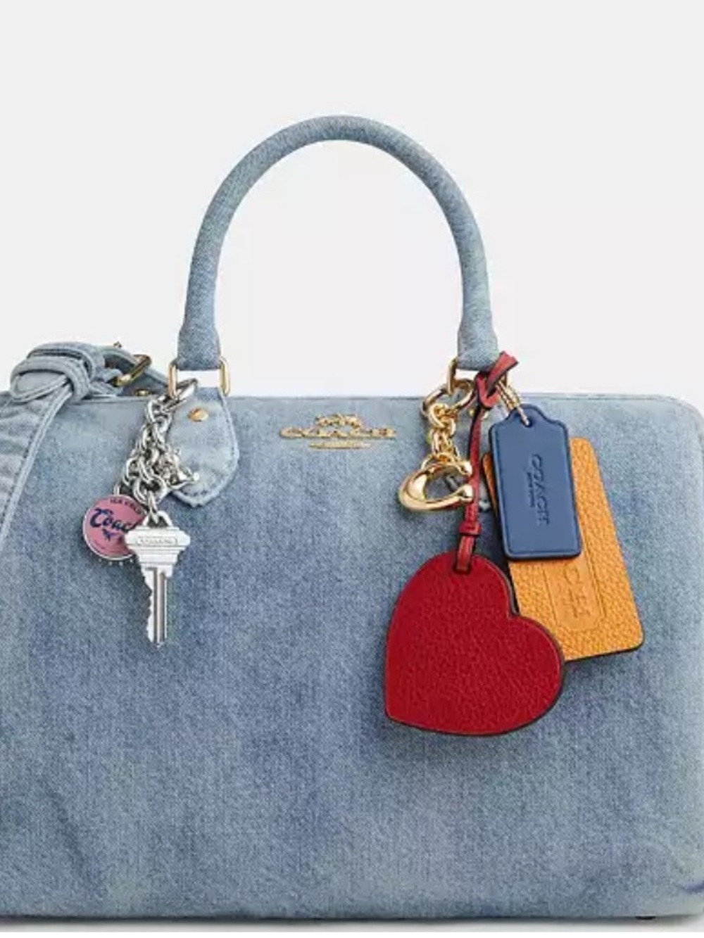 VIRAL NWT Large Coach Love Denim Satchel with Red Heart Charm and Orange Tag - Picture 2 of 2